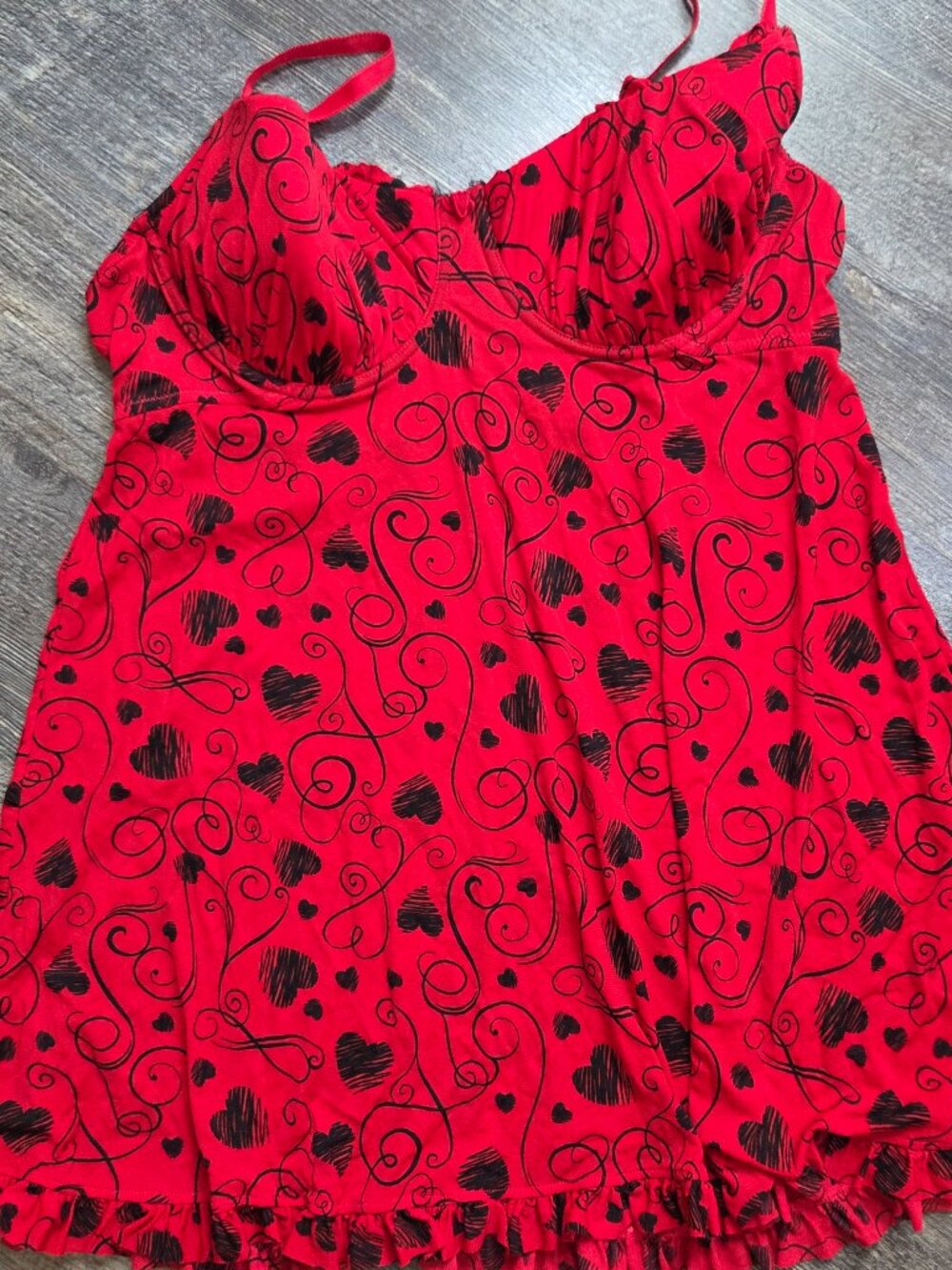 Babydoll Teddy Red w/Black Hearts & Scrolls Sz Med-36D